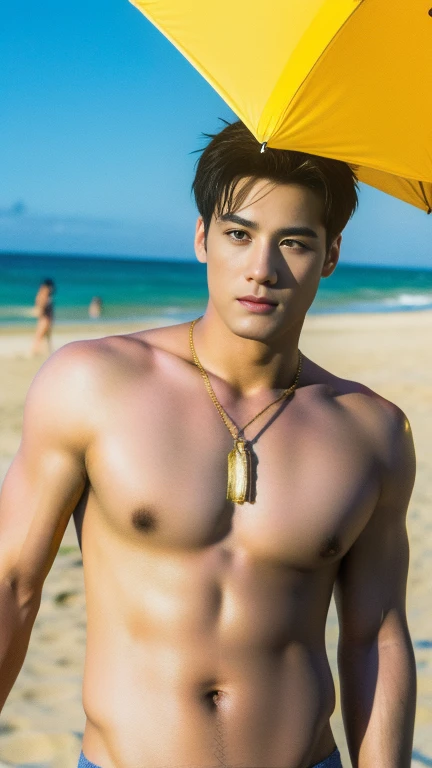 realistic, (Masterpiece, Highest quality, best quality, official art), very detailed, colorful, The most detailed, God, short hair, black hair, handsome man, sea, necklace, beach, breast, abdomen, ((micro string gold)) , no ,erotic , 16K resolution , ultra high definition , Surreal, UHD