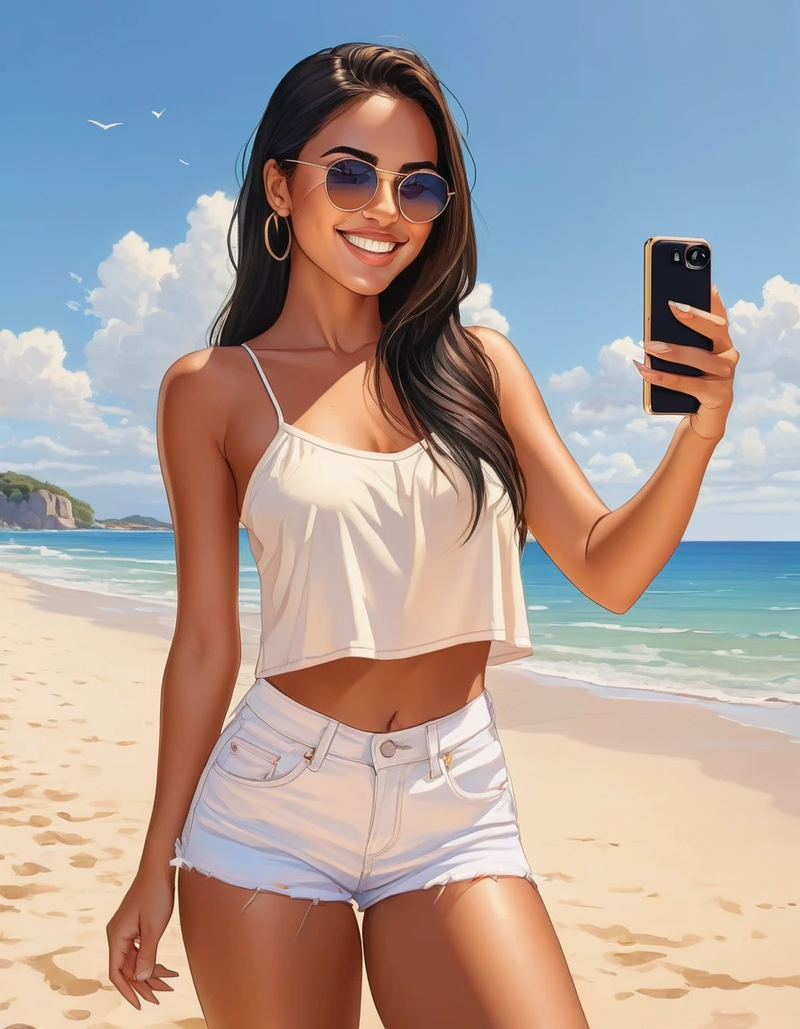 Beautiful latin american woman with tanned skin, freckles, Black hair with blonde tips, wearing a white crop top, minishorts, sunglasses on her head, (1 Girl), (adult woman), (Full Body), Beautiful face, smiling, Taking a selfie pose, standing on a beach, (Sexy Pose), ((Perfect face)), ((hyper bronze skin)), ((tan skin)), natural light, beautiful lighting, beautiful colors, semi realistic style, ((Beautiful detailed eyes)), ((Beautifull detailed face)), ((high detail)), ((High Definition)), (Flat Colors), (Celshading), (Illustration style), ((Lineart)), ((Perfect Lines))