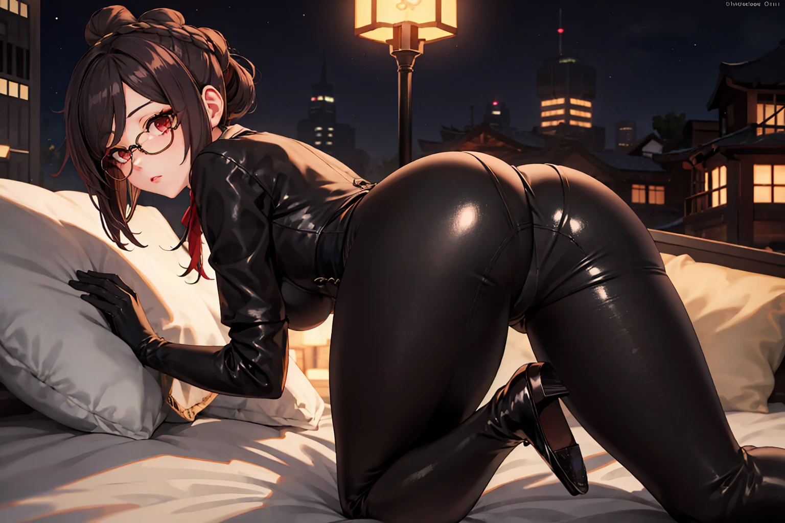1 girl, Chiori \(genshin impact\), Alone, view from behind, perfect ass, choker:1.6, White long sleeve shirt with long sleeve collar, black leather corset, black gloves that cover your hands, shiny black leggings, glasses, looking at the viewer,, inside, depth of field, expressionless, alley, at night