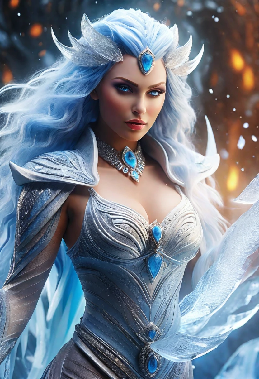 highest detail wide angle shot, best quality, 8k, [ultra detailed], masterpiece, best quality, (extremely detailed), full body, ultra wide shot, photorealistic, Faiza fantasy art, dnd art, rpg art, realistic art, an ultra wide picture of a voluptuous female human with perfect cleavage (1.5 intricate details, Masterpiece, best quality) goddess of ice ((misty radiant aura)), controlling a mist of cold radiant magic (1.5 intricate details, Masterpiece, best quality), manipulating blue radiant magical symbols, [[divine symbols]] (1.5 intricate details, Masterpiece, best quality), human female, icy blue hair, long hair with mist, hair with cold blue radiant eyes, intense eyes, ((radiant eyes)), (( red glowing eyes)), dynamic clothing, alien Antarctic back ground, streams of cold wind, celestial background, ((divine worship atmosphere)), high details, best quality, UHD, ultra wide angle