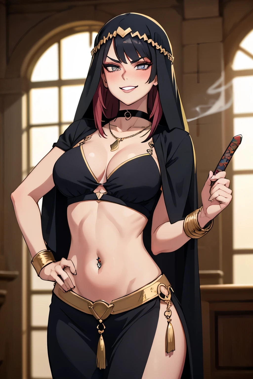 kotokadef,  necklace, smirk, grin, furrowed brow, blush, lipstick, Hot girl, baddie, staring, glaring, bad attitude, mean girl, dare, angry, hate, crazy, smoking, sensual, attractive,, masterpiece, best quality, highly detailed ,glint,halterneck,gold_choker, complex detailed background,
inside, stone wall, ancient interior, ancient egyptian room, hieroglyphs, dark lighting, dark
atmosphere, (cowboy shot), holding a sword, sword, belly_chain,harem_outfit,navel, necklace,
pelvic_curtain,revealing_clothes, veil，masterpiece,best quality,1girl,mature,evil smile, smile,
female,mature,necklace,pendant, exposed belly, exposed navel, exposed
midriff, exposed lower belly, navel piercing