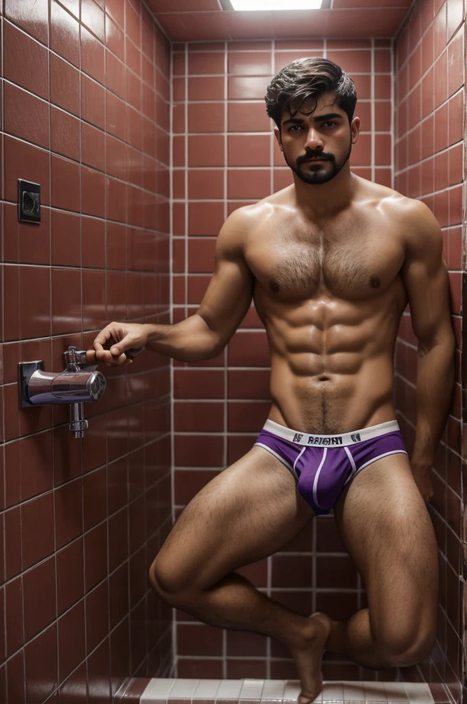 Hombre 👨 de 15 años en boxers briefs morados haciendo pipí en un baño publico, in the urinal.
