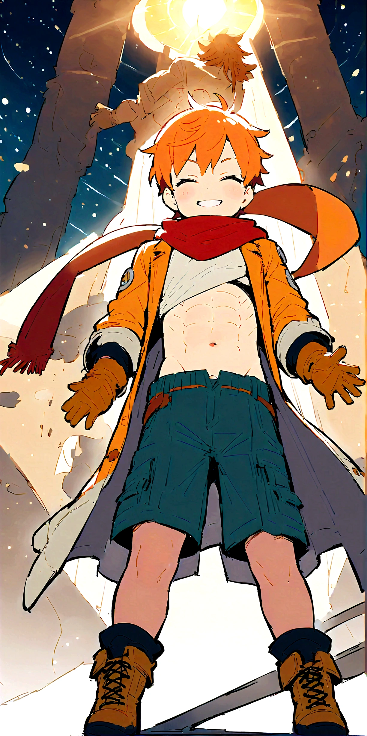 Anime Boys、Both have、Six Pack Abs、Orange Hair、Long Hair、happiness、smile、detailed、Highest quality、masterpiece、Flight Cap、Scarf、Shorts、gloves、navel、slender、coat