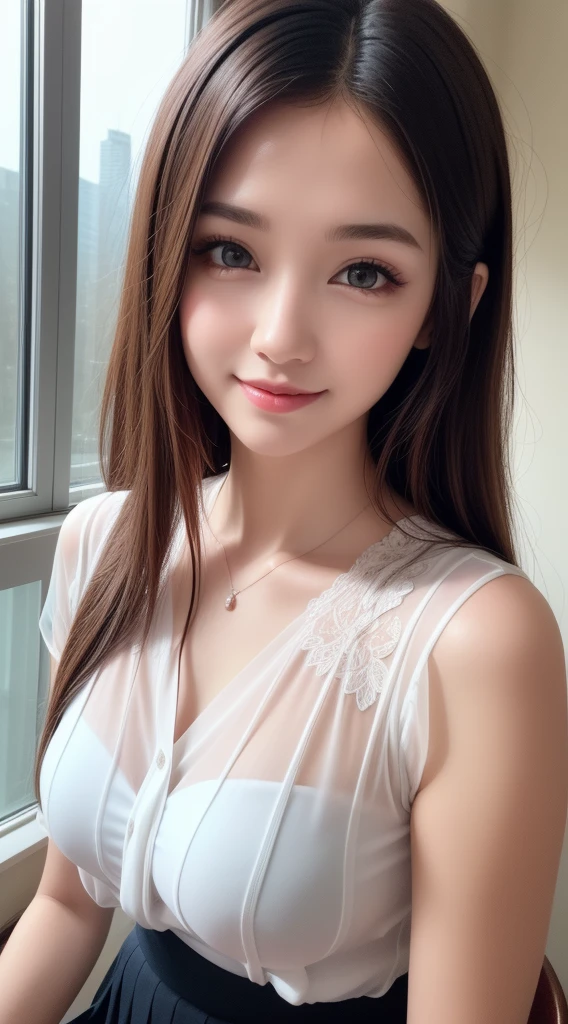 , 1girl in, Extremely cute, Amazing face and eyes, (Beautiful lovely smile), (extremely detailed beautiful face), bright and shiny lips, Super beautiful, (open sheer School blouse:1.3), (Best Quality:1.4), (hyper quality), (Ultra-detailed), (Hyper-realistic, Photorealsitic:1.37), Authentic skin texture, Highly detailed CG integrated 8k wallpapers, RAW Photos, professional photograpy, Cinematic lighting,