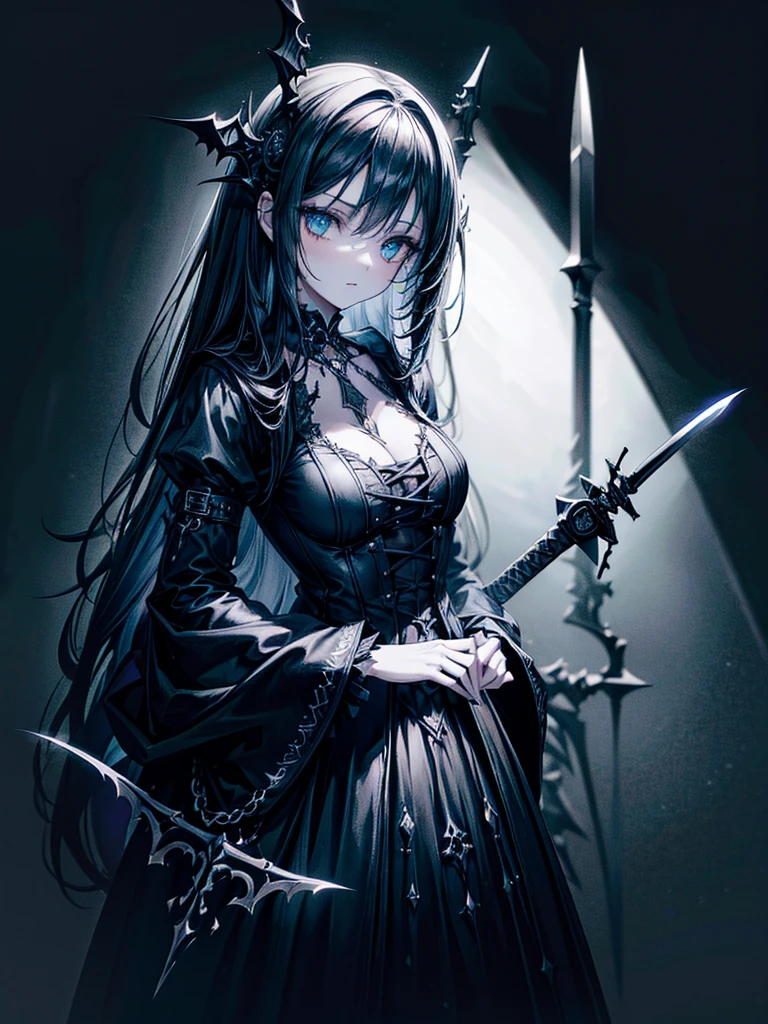 (a girl with) Aura-like gothic lighting, realistic Gothic-style artwork, detailed skeleton impaling itself with a sword in the neck, dark atmospheric background, high-res masterpiece:1.2, ultra-fine painting, professional, vivid colors