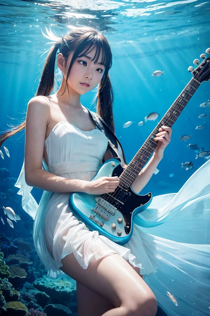 A beautiful Japanese girl is depicted in a vertical, ultra-realistic illustration, playing an electric guitar underwater. She wears a thin, translucent dress that flows gracefully in the water, emphasizing her delicate and ethereal presence. Her hair, styled in twin tails, floats freely around her, adding a dynamic sense of movement.

The background features an underwater scene with shimmering light filtering through the surface, illuminating schools of fish swimming around her. The artist employs digital painting techniques to create high detail, especially in the textures of the dress, guitar, and underwater environment. The lighting and reflections are meticulously rendered, capturing the surreal and magical ambiance of the scene. The use of vibrant blues and subtle highlights enhances the overall sense of depth and realism.
