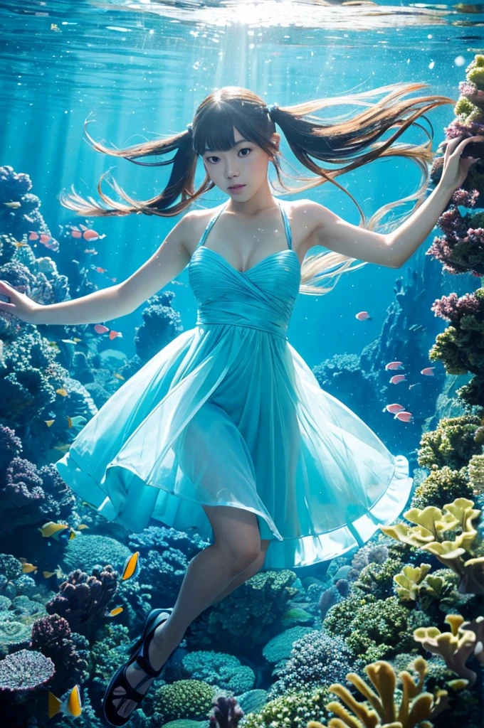A beautiful Japanese girl is depicted in a vertical, ultra-realistic illustration, playing an electric guitar underwater. She wears a thin, translucent dress that flows gracefully in the water, emphasizing her delicate and ethereal presence. Her hair, styled in twin tails, floats freely around her, adding a dynamic sense of movement.
The background features an underwater scene with shimmering light filtering through the surface, illuminating schools of fish swimming around her. The artist employs digital painting techniques to create high detail, especially in the textures of the dress, guitar, and underwater environment. The lighting and reflections are meticulously rendered, capturing the surreal and magical ambiance of the scene. The use of vibrant blues and subtle highlights enhances the overall sense of depth and realism.