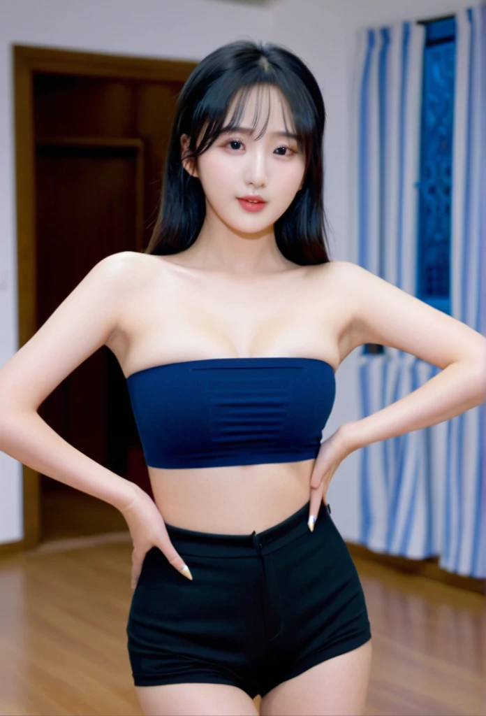 close-up of beautiful South Korean, Eunha is a VIVIZ South Korean pop girl group, age 27 years old girl, youthful face, perfect body, white body skin, very rapunzel long hair, standard black hair, straight hair, 32 inches breasts size, wearing a plain standard dark blue strapless tube top, wearing a tight plain dark black mini short leggings, Eunha holding breasts with her own two hands is very sexy and sigh, Eunha squeezes the breasts very seductively, Eunha lowered her strapless tube top a little bit, Eunha does dance moves very sighing and seductive, the dance that Eunha does is very sexy and seductive, ((Eunha does a very sexy and seductive dance in front of her boyfriend)), ((Eunha gets horny when doing a seductive dance)), at the boyfriend house, boyfriend house background, UHD