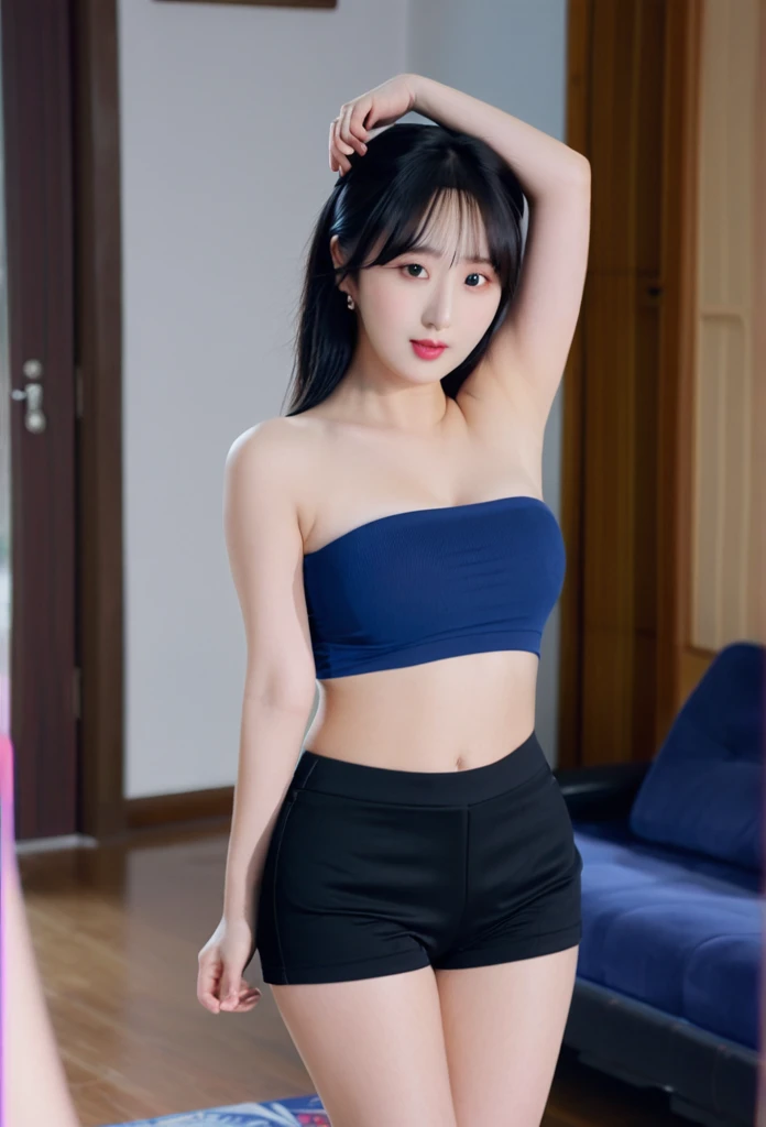 close-up of beautiful South Korean, Eunha is a VIVIZ South Korean pop girl group, age 27 years old girl, youthful face, perfect body, white body skin, very rapunzel long hair, standard black hair, straight hair, 32 inches breasts size, wearing a plain standard dark blue strapless tube top, wearing a tight plain dark black mini short leggings, Eunha holding breasts with her own two hands is very sexy and sigh, Eunha squeezes the breasts very seductively, Eunha lowered her strapless tube top a little bit, Eunha does dance moves very sighing and seductive, the dance that Eunha does is very sexy and seductive, ((Eunha does a very sexy and seductive dance in front of her boyfriend)), ((Eunha gets horny when doing a seductive dance)), at the boyfriend house, boyfriend house background, UHD