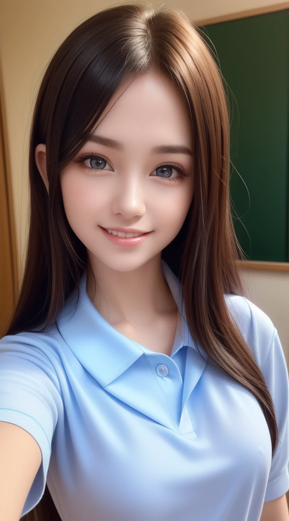 teen, 1girl in, Extremely cute, Amazing face and eyes, (Beautiful lovely smile), (extremely detailed beautiful face), bright and shiny lips, Super beautiful, (School blouse:1.3), (Best Quality:1.4), (hyper quality), (Ultra-detailed), (Hyper-realistic, Photorealsitic:1.37), Authentic skin texture, Highly detailed CG integrated 8k wallpapers, RAW Photos, professional photograpy, Cinematic lighting,
