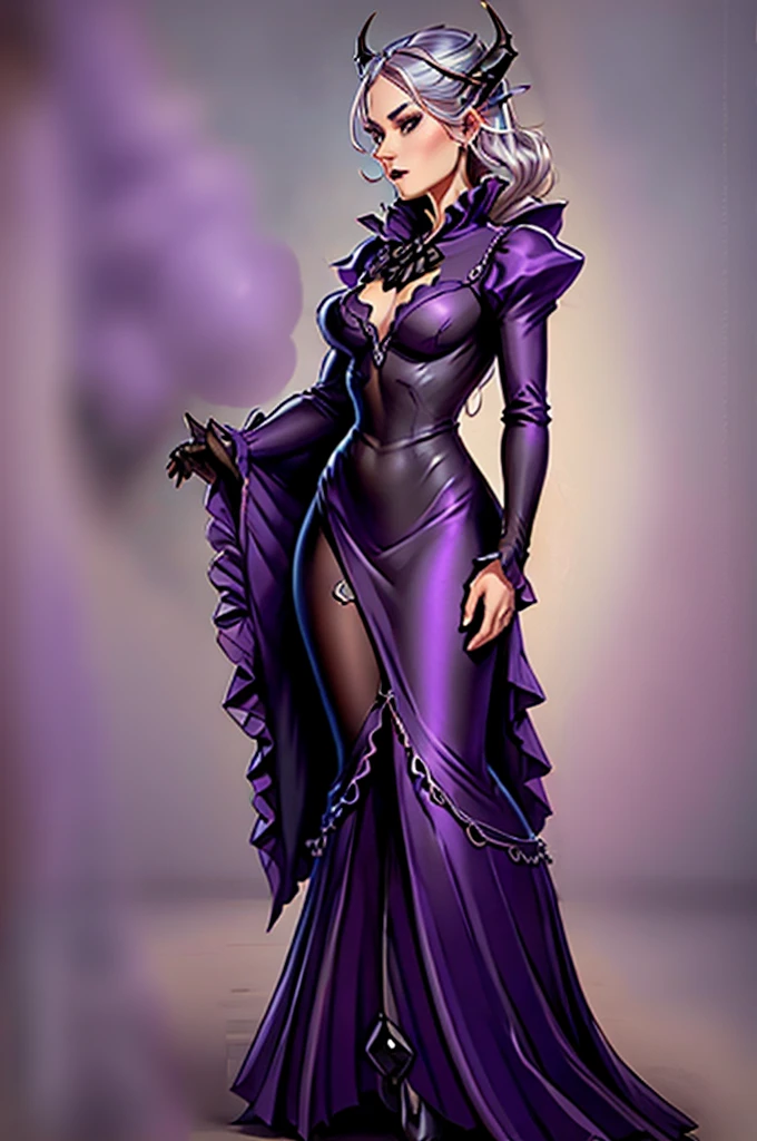 a close up of a person wearing a purple dress and a purple top, beautiful androgynous prince, black horns, silver hair, delicate androgynous prince, androgynous vampire,  wings, classic medieval dress, steampunk beautiful anime woman, attractive androgynous humanoid, beautiful character painting, high quality character design, as a dnd character, official character art, epic exquisite character art, anime character,, tavern background