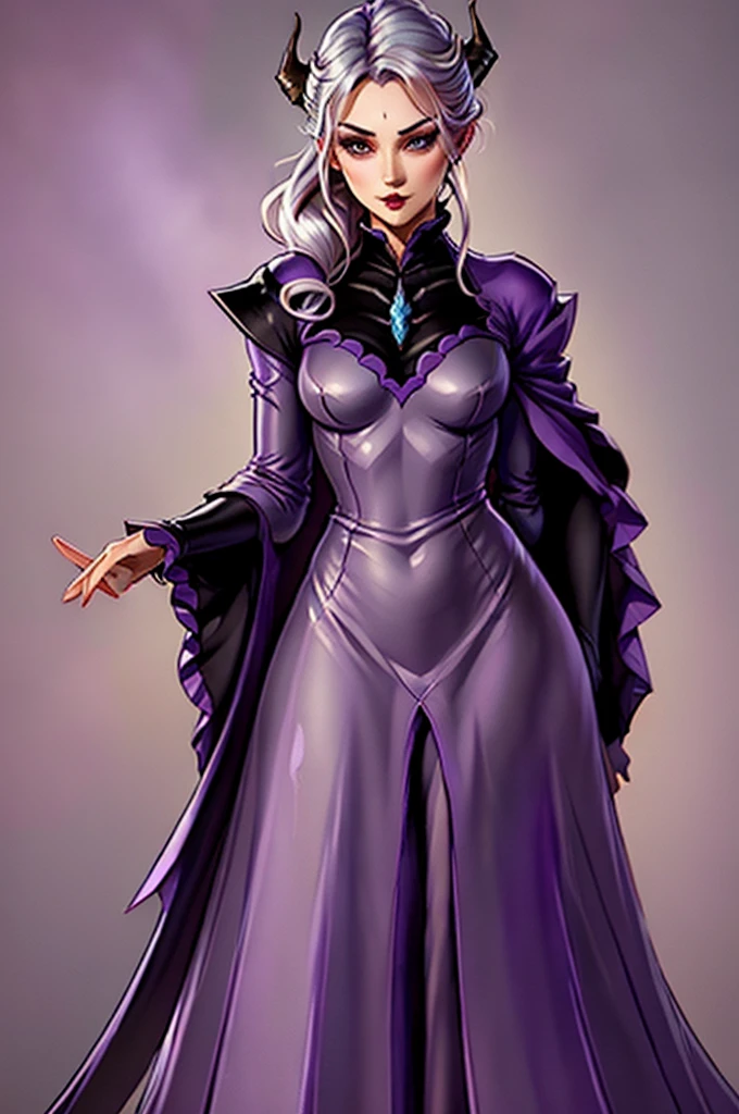 a close up of a person wearing a purple dress and a purple top, beautiful androgynous prince, black horns, silver hair, delicate androgynous prince, androgynous vampire,  wings, classic medieval dress, steampunk beautiful anime woman, attractive androgynous humanoid, beautiful character painting, high quality character design, as a dnd character, official character art, epic exquisite character art, anime character,, tavern background