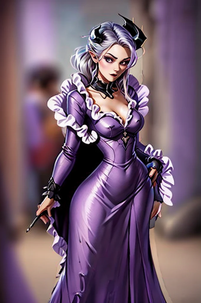 a close up of a person wearing a purple dress and a purple top, beautiful androgynous prince, black horns, silver hair, delicate androgynous prince, androgynous vampire, wings, classic medieval dress, steampunk beautiful anime woman, attractive androgynous humanoid, beautiful character painting, high quality character design, as a dnd character, official character art, epic exquisite character art, anime character,, tavern background