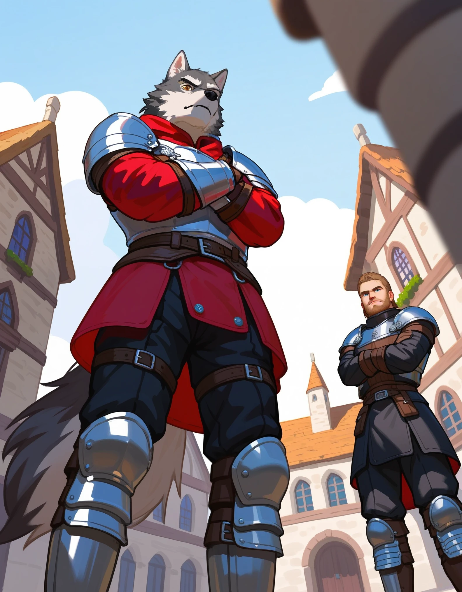 Duo, score_9,score_8_up,score_7_up, duo, two soldiers, male, medieval mercenaries, one is a human male, the other is an Anthro wolf male, their eyes and faces are shrouded in shadow, they are wearing leather armor, outdoors, in a village, low angle shot, they are looking down at viewer, pov, arms crossed, faceless, their faces are shrouded in darkness, arms crossed, they are standing, grinning deviously, ill intent,