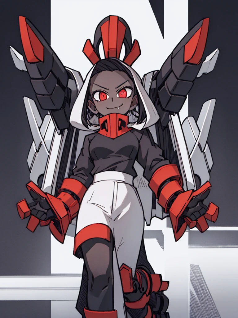 Score_9, score_8_up, score_7_up, score_6_up, gyaru, source_アニメ, 1girl, 独奏, white background, abstract rectangular background, honoka, gazing at viewer, very dark skin, cat Woman, white suit, malicious smile, Evil eyes, manikin doll, dark villain, laugh.