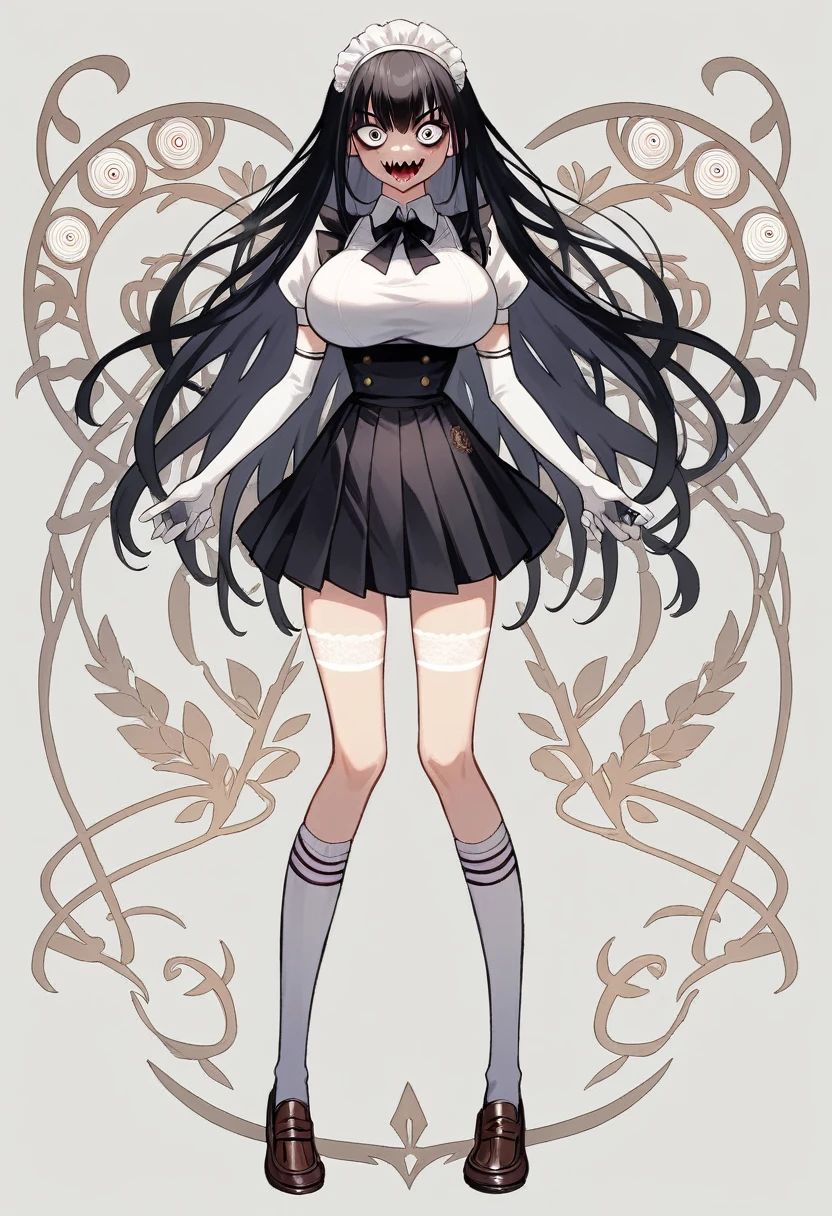(1girl), (full body:1.2), (white background:1.15), ((standing)), solo, looking at viewer, tachi-e, masterpiece, best quality, (maid), cropped top, (own hands clasped), navel, midriff, headdress, white apron, white frill, white gloves, (elbow gloves), opera gloves, white knee socks, white stocking, thigh high socks, boutie, loafer, lace trim, lace, (miniskirt:1.15), (black skirt), black puffy short sleeve, slim waist, (large breasts), 18 years old, teenager, (long hair), black hair, straight hair, (thin thigh), skinny, detailed eyes, sharp face, attractive, kindness, ornate, gorgeous, luxurious
