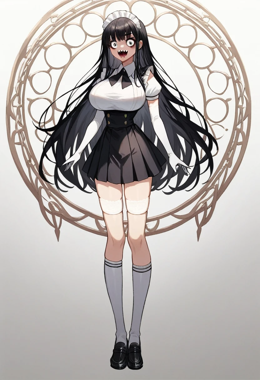 (1girl), (full body:1.2), (white background:1.15), ((standing)), solo, looking at viewer, tachi-e, masterpiece, best quality, (maid), cropped top, (own hands clasped), navel, midriff, headdress, white apron, white frill, white gloves, (elbow gloves), opera gloves, white knee socks, white stocking, thigh high socks, boutie, loafer, lace trim, lace, (miniskirt:1.15), (black skirt), black puffy short sleeve, slim waist, (large breasts), 18 years old, teenager, (long hair), black hair, straight hair, (thin thigh), skinny, detailed eyes, sharp face, attractive, kindness, ornate, gorgeous, luxurious