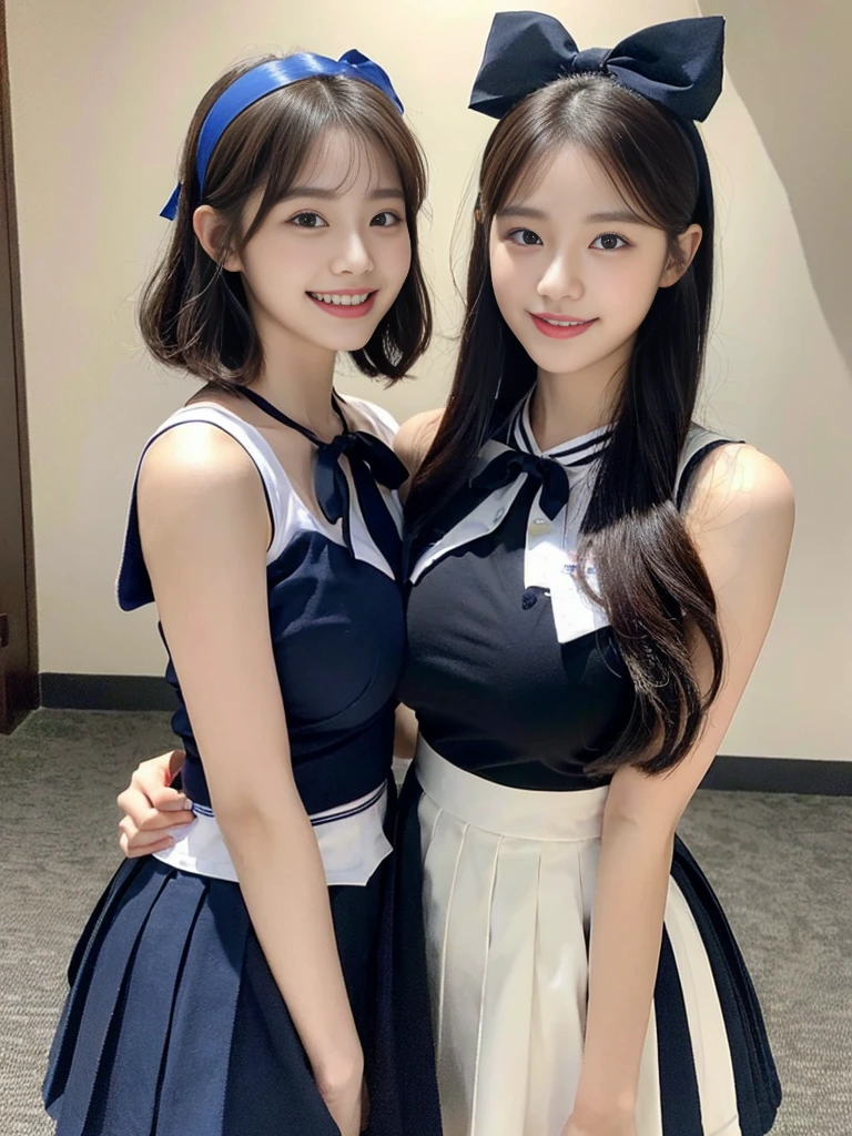 (Super cute Korean high school girls duo take photos 1.2)(grin,Smile)(Beautiful Sweat:1.1)(16K, RAW Photos, Highest quality, masterpiece: 1.2),(Beautiful short bob hair with even bangs, black hair) Super detailed, Super Resolution, (Genuine, Genuine photos: 1.37), Portraiture, High-resolution RAW color photos, Professional photos, Very detailed, 8k wallpaper, Very detailed CG Unity 8k wallpaper, Very detailed beautiful girls, Very detailed faces, ((whole body)), beautiful woman, Huge breasts,(huge boobs:1.1) (Big Boobs:1.1), Beauty college student (A tight, girly, navy sleeveless with ribbon),high school girl, Korean Girls,(K-POP Female Idols), (Idol-class beauty)(Beautiful high school girl:1.1)(Disneyland)(18-year-old)(Stylish school uniform-style outfit:1.1)(Group photo:1.1)(Disney headbands:1.0)