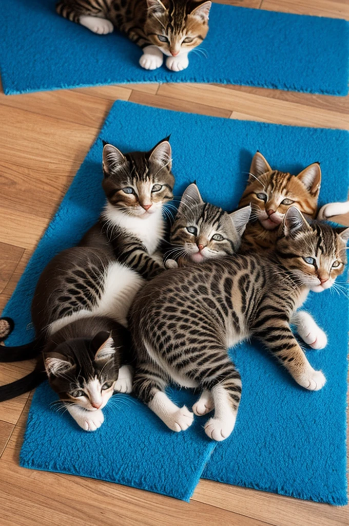 Kittens sleeping on blue mat 