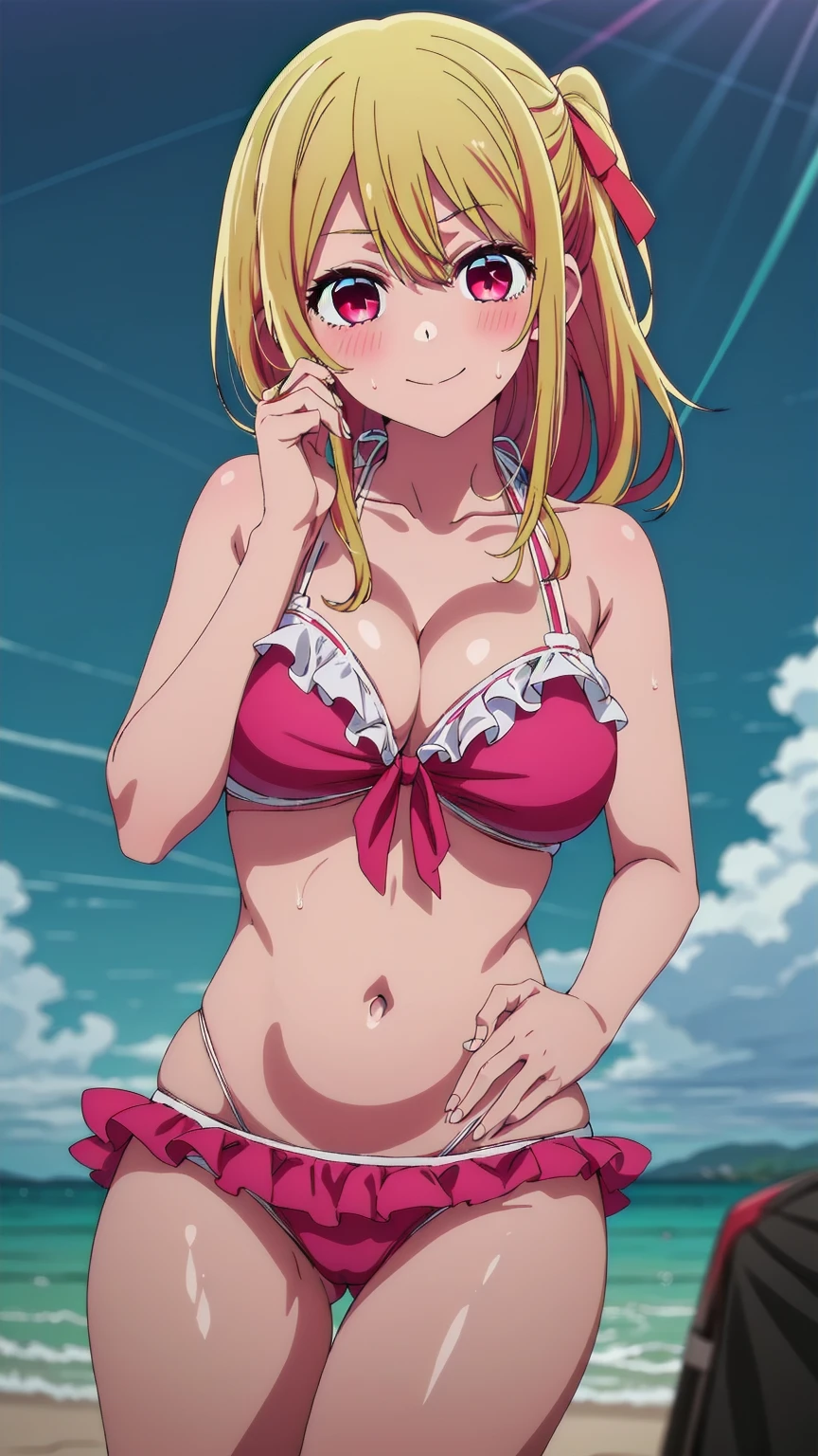 best quality, masterpiece, highres, solo, {ruby_oshinoko:1.15}, blonde_hair, bangs, long_hair, blush, closed_mouth, 1girl,pink_eyes, hair_between_eyes, hair_ribbon, pink_ribbon, ribbon, red_eyes,Smiling, looking at the viewer, Bikini,blue theme, blue background, cloudy sky, sunlight, sweat, orgasmic, bikini swimsuit, large breasts, cleavage, belly button exposed, collarbone, thighs, sea and beach,