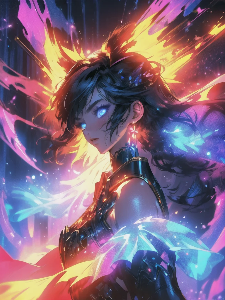(masterpiece, best quality), 1lady, solo, masterpiece, artstation, dynamic, charming, magical, unreal engine, fantastically beautiful, illustration, dramatic lighting, rave background, neon glow, maximalist