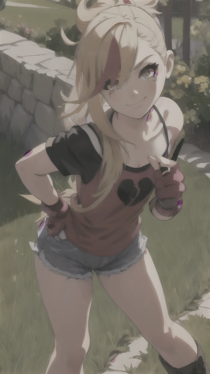 (best quality:1.2),solo,1girl,mdrin,smile,looking at viewer, PLAYING GUITAR ,lovely pose, ponytail,v-shaped eyebrows,red shirt, fingerless gloves,black shorts , garden background, warm color tones,soft lighting, Hair over one eye, ultra long hair, standing on hooftop, long boots, long ponytail, blonde