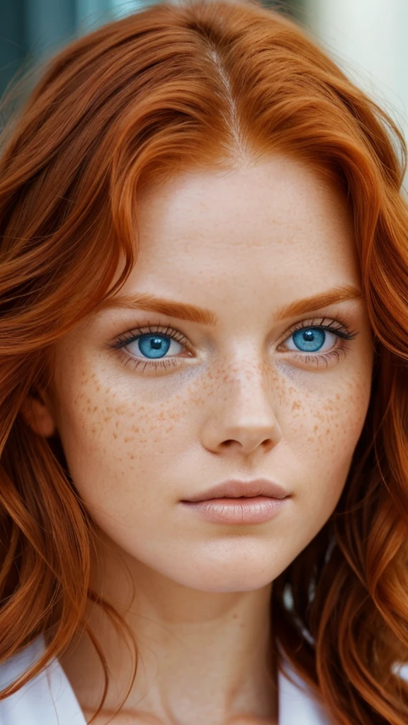 The most beautiful ginger woman, close up of face, perfect skin, symmetrical face, bright blue eyes, wavy hair, perfect face, perfect skin, mild freckels, photorealistic, real life quality, real life skin