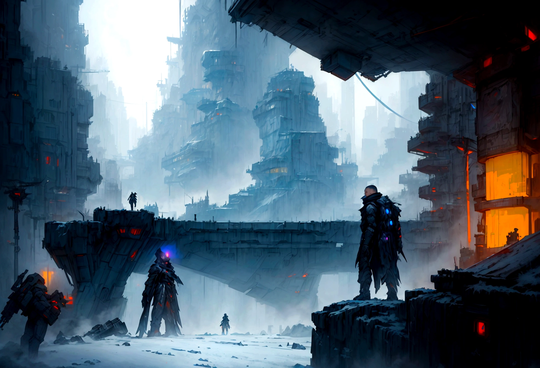 Futuristic, landscape sidescroller, a bridge in a city, urban concept art, winter concept art, bastien grivet, concept art scene, 2d concept art, digital concept art of dystopian, ❄️ corruption conceptart, cyberpunk themed art, andreas rocha style, cold environment, detailed digital concept art, concept art style, professional concept art, cyberpunk art style
