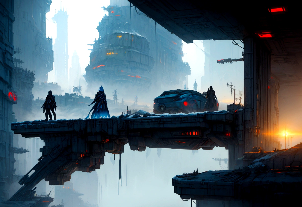 Futuristic, landscape sidescroller, a bridge in a city, urban concept art, winter concept art, bastien grivet, concept art scene, 2d concept art, digital concept art of dystopian, ❄️ corruption conceptart, cyberpunk themed art, andreas rocha style, cold environment, detailed digital concept art, concept art style, professional concept art, cyberpunk art style