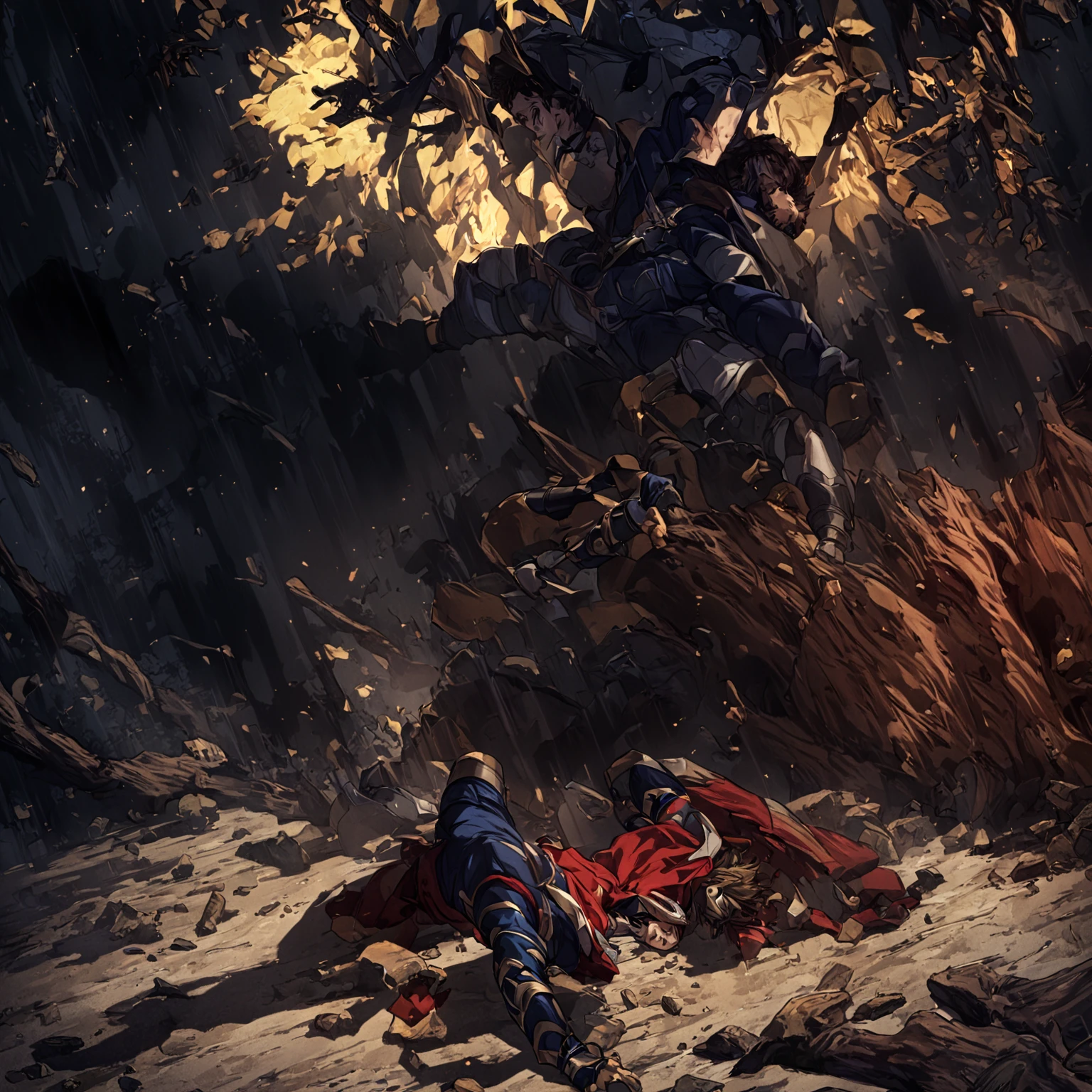 manga panels,((legendary hero in a fierce fight)), killed under the sacred tree, dead, dramatic position, fallen like a hero, dramatic position, dramatic shadows, dark night atmosphere