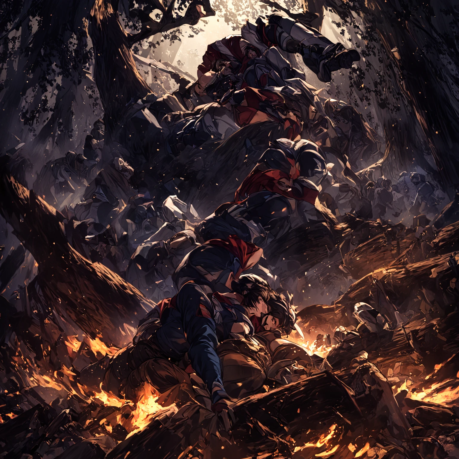 manga panels,((legendary hero in a fierce fight)), killed under the sacred tree, dead, dramatic position, fallen like a hero, dramatic position, dramatic shadows, dark night atmosphere