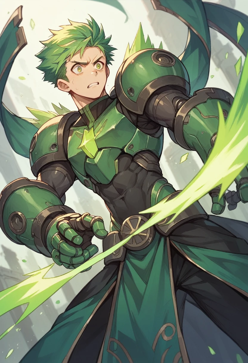 giant mechanical gauntlet, green sparks, , anime