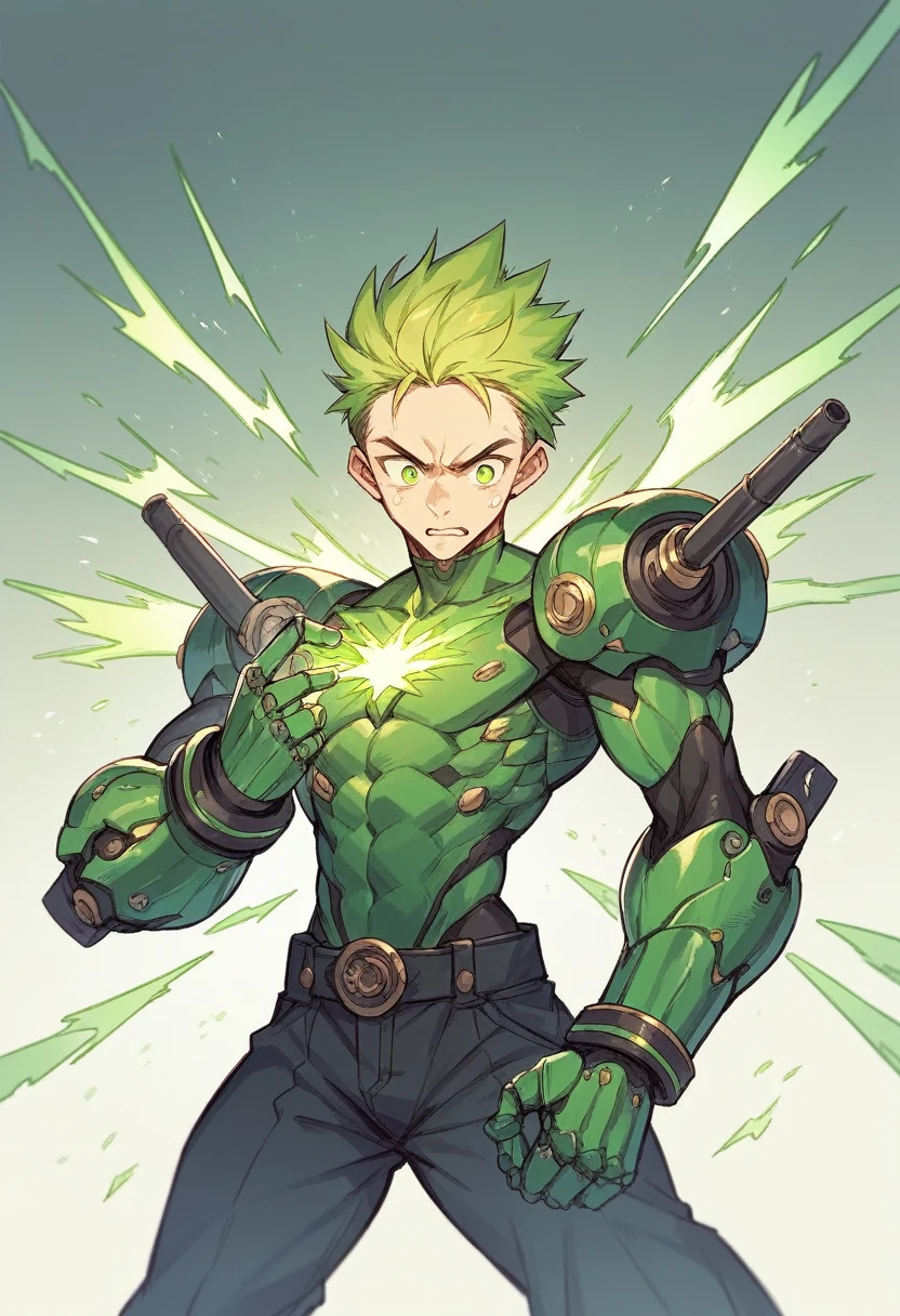 giant mechanical gauntlet, green sparks, , anime
