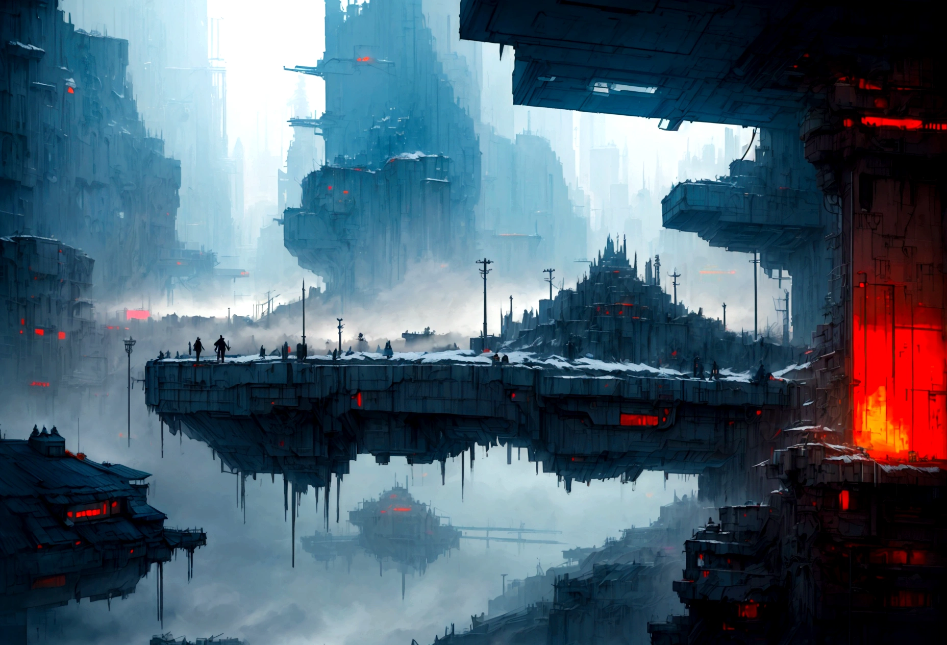 Futuristic, landscape sidescroller, a bridge in a city, urban concept art, winter concept art, bastien grivet, concept art scene, 2d concept art, digital concept art of dystopian, ❄️ corruption conceptart, cyberpunk themed art, andreas rocha style, cold environment, detailed digital concept art, concept art style, professional concept art, cyberpunk art style