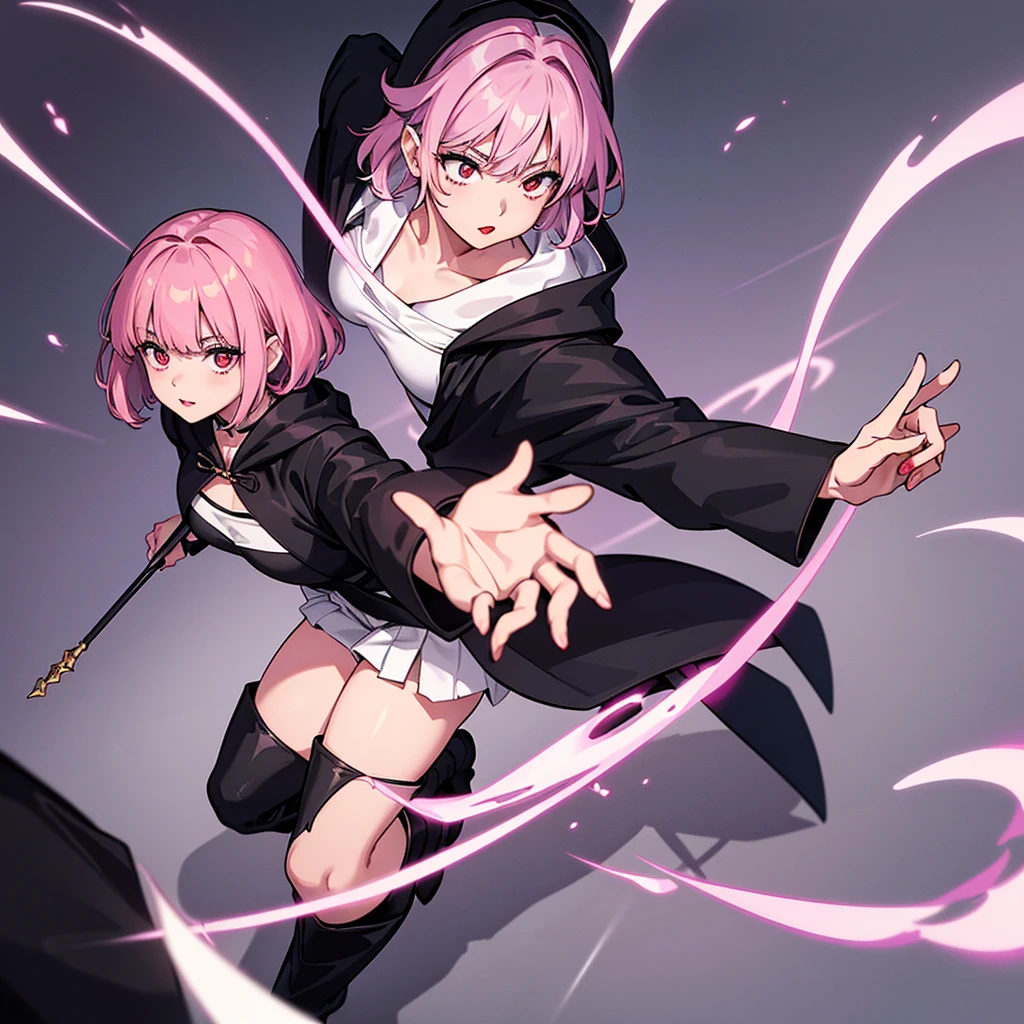 Best illustrations、Best Quality、(Solo、23 years old)、(The same face:1.1),Medieval Fantasy、Magic wand,(White Background)、(Pink Hair、Very Short Hair、Align your bangs)、(Black hood)、(((Long sleeve、Black Robe、pants、Knee-high boots)))、(斜めFrom above)、Run、(get annoyed)、Cowboy Shot、Movement angle、Use the magic of light、From above、(Sunny lips、Red Lip)