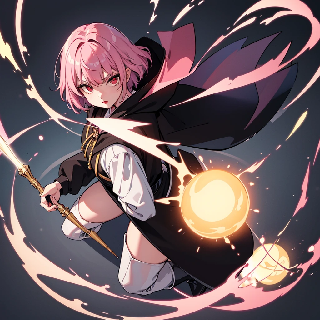 Best illustrations、Best Quality、(Solo、23 years old)、(The same face:1.1),Medieval Fantasy、Magic wand,(White Background)、(Pink Hair、Very Short Hair、Align your bangs)、(Black hood)、(((Long sleeve、Black Robe、pants、Knee-high boots)))、(斜めFrom above)、Run、(get annoyed)、Cowboy Shot、Movement angle、Use the magic of light、From above、(Sunny lips、Red Lip)