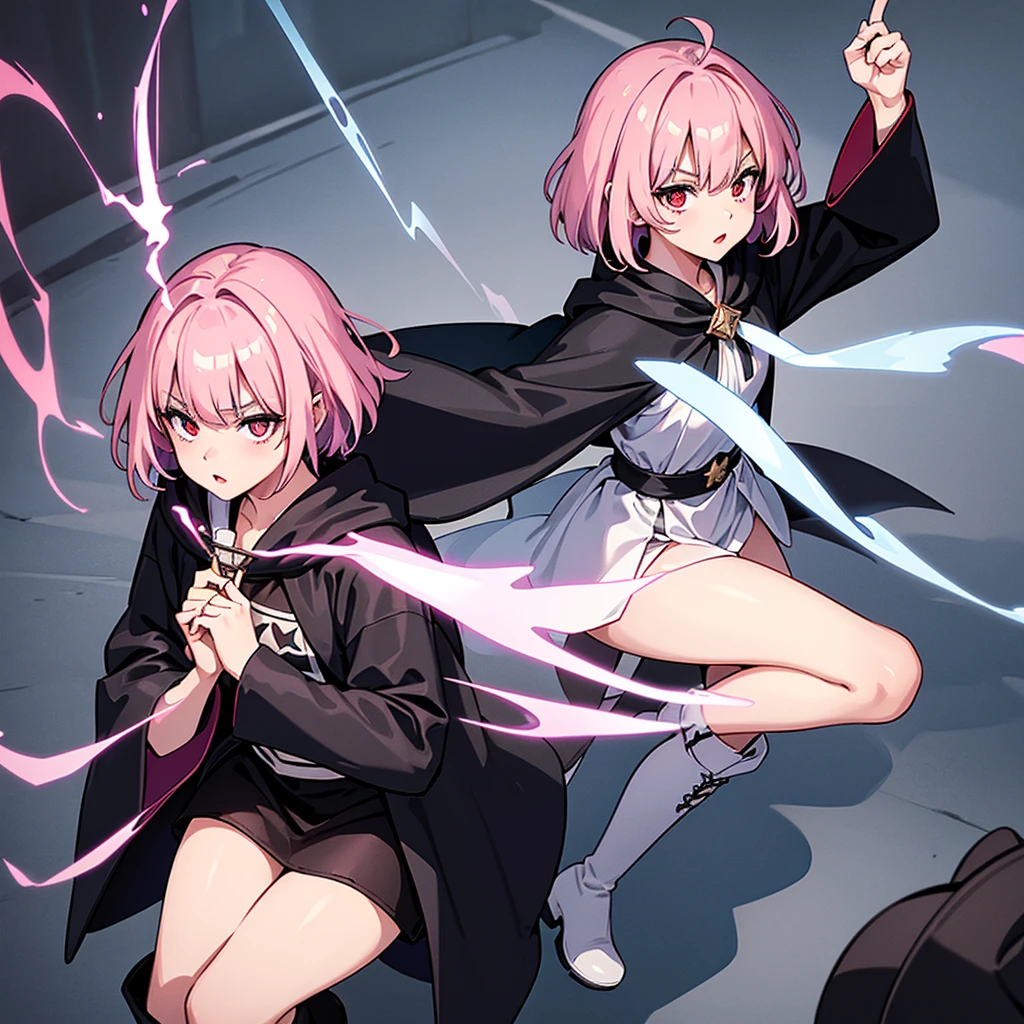 Best illustrations、Best Quality、(Solo、23 years old)、(The same face:1.1),Medieval Fantasy、Magic wand,(White Background)、(Pink Hair、Very Short Hair、Align your bangs)、(Black hood)、(((Long sleeve、Black Robe、pants、Knee-high boots)))、(斜めFrom above)、Run、(get annoyed)、Cowboy Shot、Movement angle、Use the magic of light、From above、(Sunny lips、Red Lip)