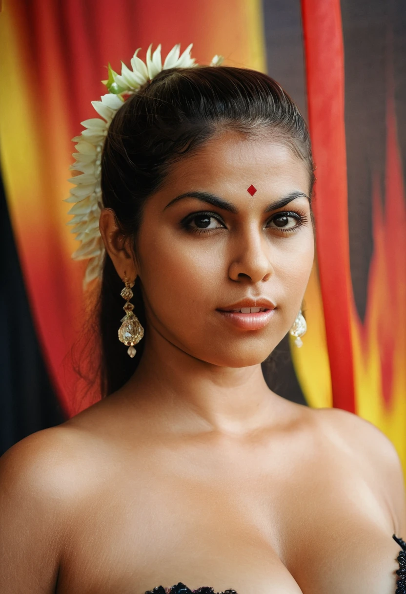 ((((photo of a ancient kerala crowned temple goddess )))) , ((((half body)))), ((((standing on garden temple )))), ((((age 18+)))), ((((chubby tall)))), (((((huge busty milky wet big massive boobs))))), ((((nude thigh)))), ((((ancient black mini skirt)))), ((((black skin dark body)))), (((red ornaments))), (((depth of field))), ((((( flame bokeh))))), (((((rain))))), (((((( flashing light leaks)))))), ((((((divine)))))), photorealistic,photo, realism, Getty Images, RAW candid cinema, 16mm, colour graded portra 400 film, remarkable colour, ultra realistic, textured skin, remarkable detailed pupils, realistic dull skin noise, visible skin detail, skin fuzz, dry skin, shot with cinematic,light leaks, RAW Image, DOF, depth of field,bokeh
