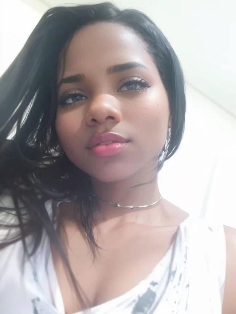 Black woman with black hair, dark shaped eyes