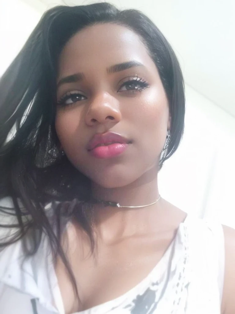 Black woman with black hair, dark shaped eyes