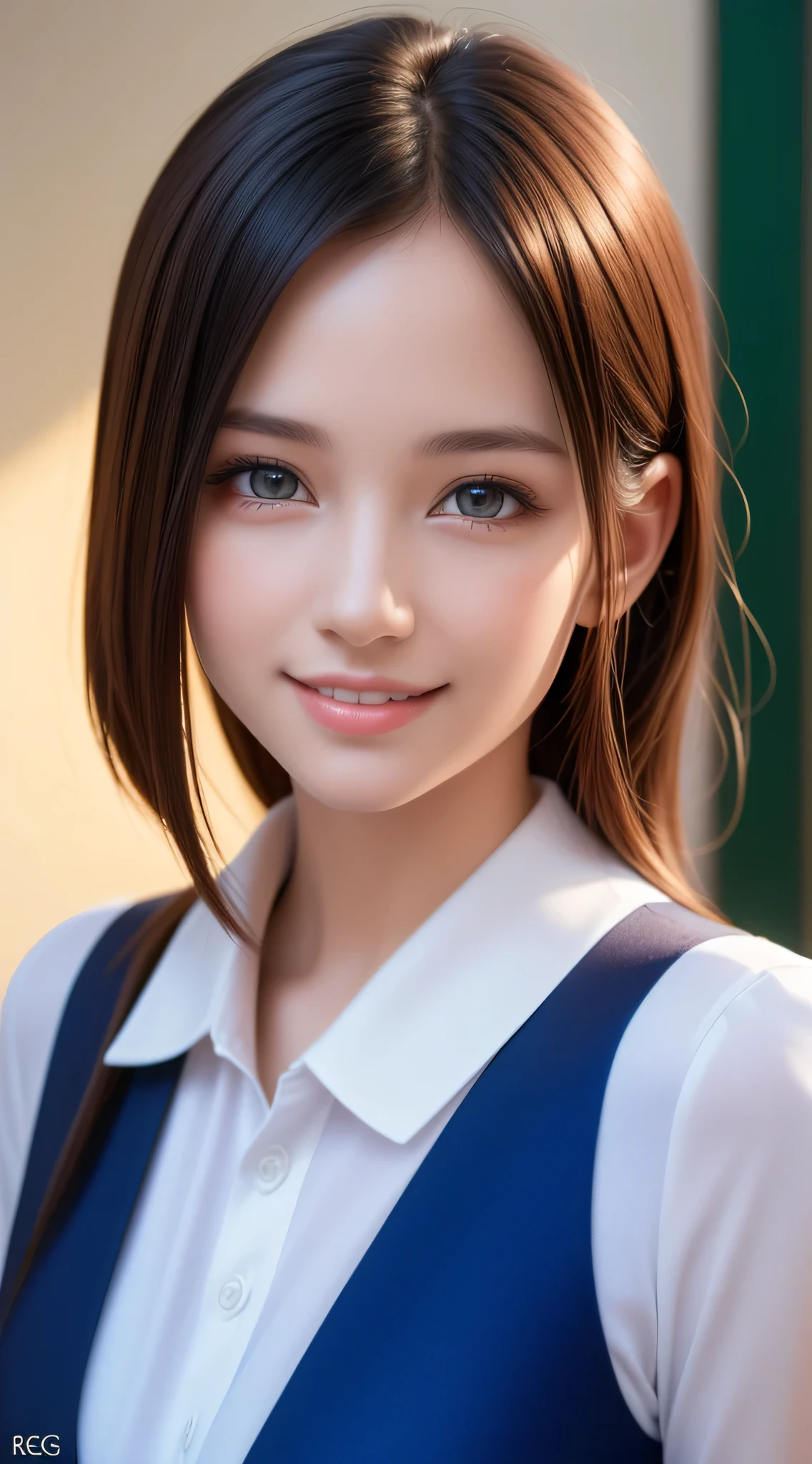 teen, 1girl in, Extremely cute, Amazing face and eyes, (Beautiful lovely smile), (extremely detailed beautiful face), bright and shiny lips, Super beautiful, (School blouse:1.3), (Best Quality:1.4), (hyper quality), (Ultra-detailed), (Hyper-realistic, Photorealsitic:1.37), Authentic skin texture, Highly detailed CG integrated 8k wallpapers, RAW Photos, professional photograpy, Cinematic lighting,