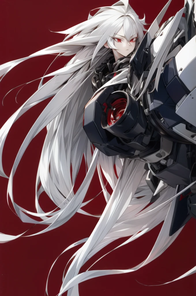 best quality, simple Details, 1 girl, Long hair, white hair, tousled hair, Rote Highlights, red eye, good eyes, simple background, full body,