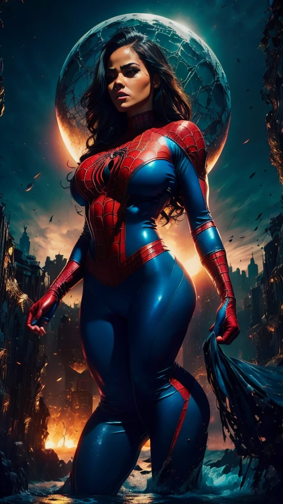 Adult Latina model Daisy Marie, topless, Sexy female dressed as Spider-Man, sexy with enormous tits, gorgeous face, beautiful, hourglass figure, highly detailed, masterpiece, 96k rendering, full moon in background, stars in sky, city lights, New York, nighttime, spider web, exsquisite MCU cinematic lighting, accurate real life face, perfect facial features, super long flowing brunette hair