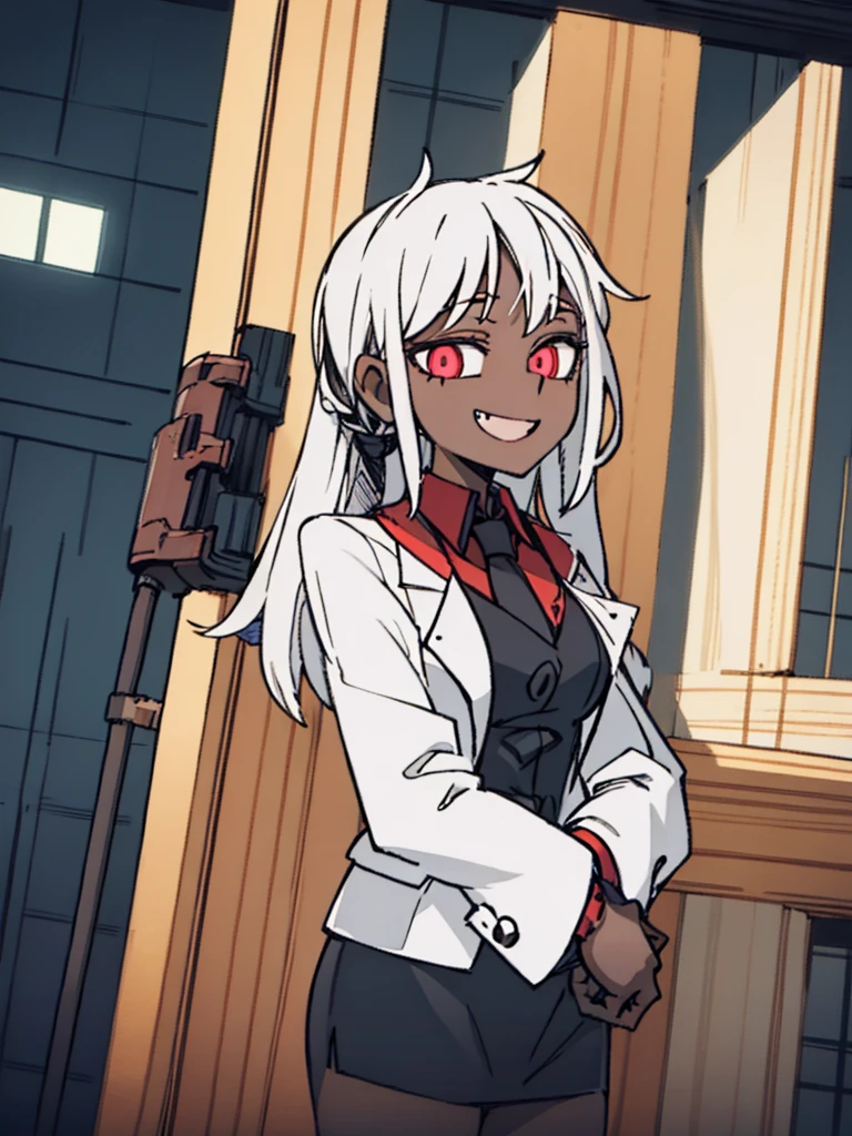 Score_9, score_8_up, score_7_up, score_6_up,  gyaru, source_アニメ, 1girl, 独奏, white background, abstract rectangular background, honoka, gazing at viewer, very dark skin, cat Woman, white suit, malicious smile, Evil eyes, manikin doll, dark villain, laugh. 