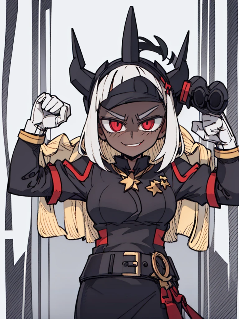 Score_9, score_8_up, score_7_up, score_6_up, gyaru, source_アニメ, 1girl, 独奏, white background, abstract rectangular background, honoka, gazing at viewer, very dark skin, cat Woman, white suit, malicious smile, Evil eyes, manikin doll, dark villain, laugh.