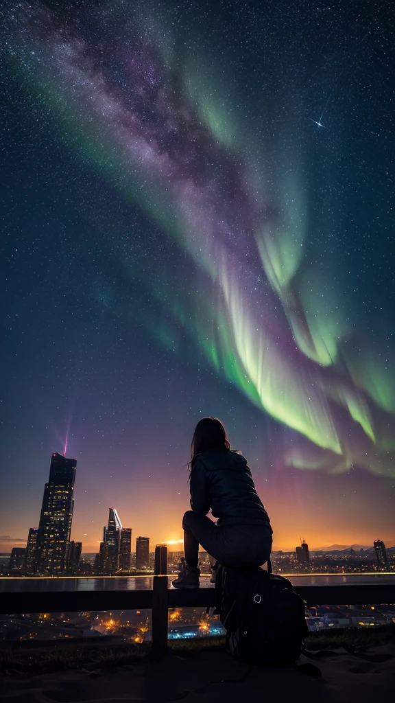 Masterpiece, best quality, 1girl, octane rendering, from distance, at night, sitting and staring at the sky, from behind, city, cityscape, bright city lights, full of stars, shooting stars, milky way, aurora borealis, silhouette, awards winning photograph,