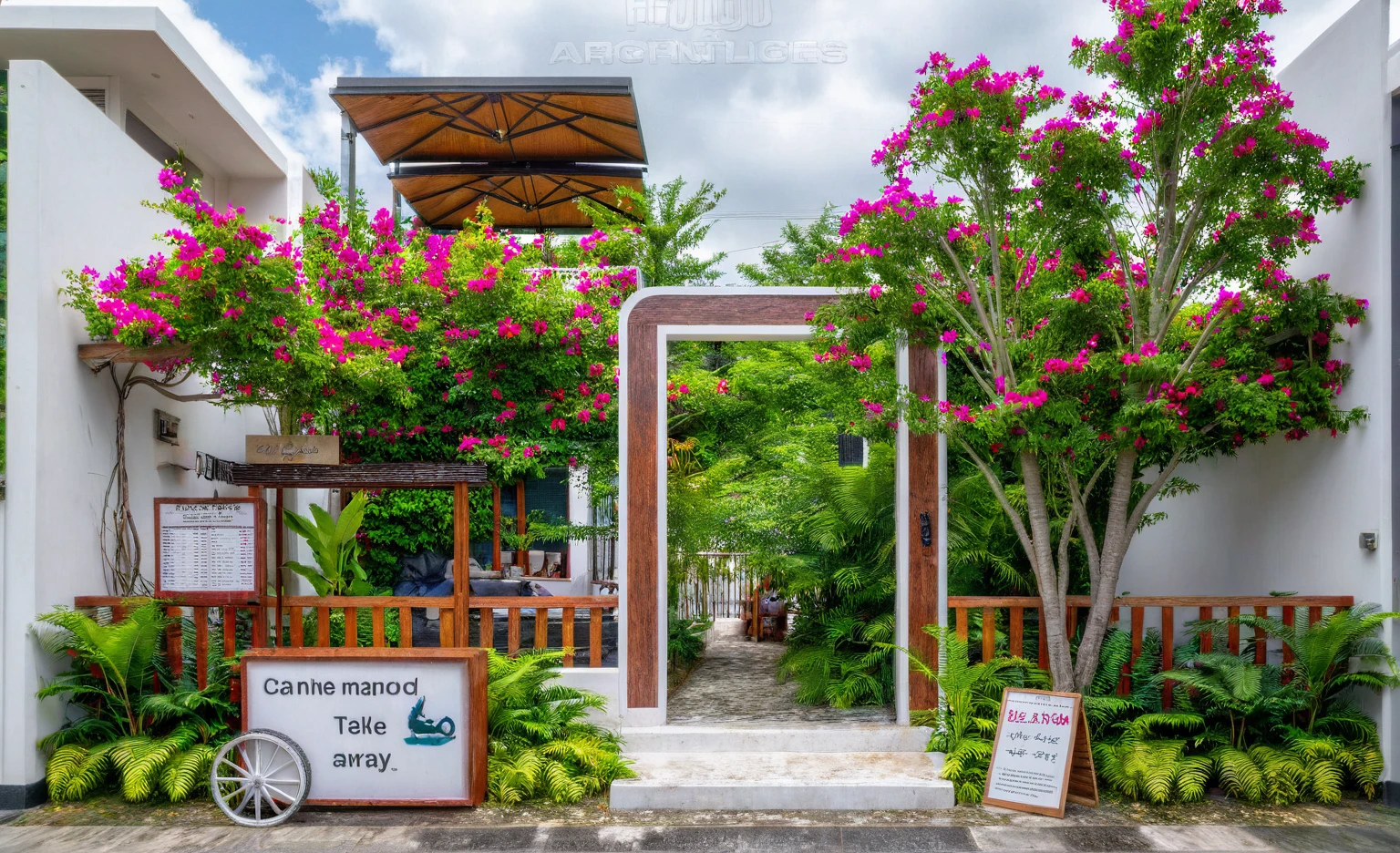 Raw photo,Masterpiece, high quality, best quality, authentic, super detail, exterior, outdoors, house style indochine, Many bougainvilleas along the road ,aiaigroup road,pavement, grass, trees, sky, cloud, (day:1.1), vivid colour