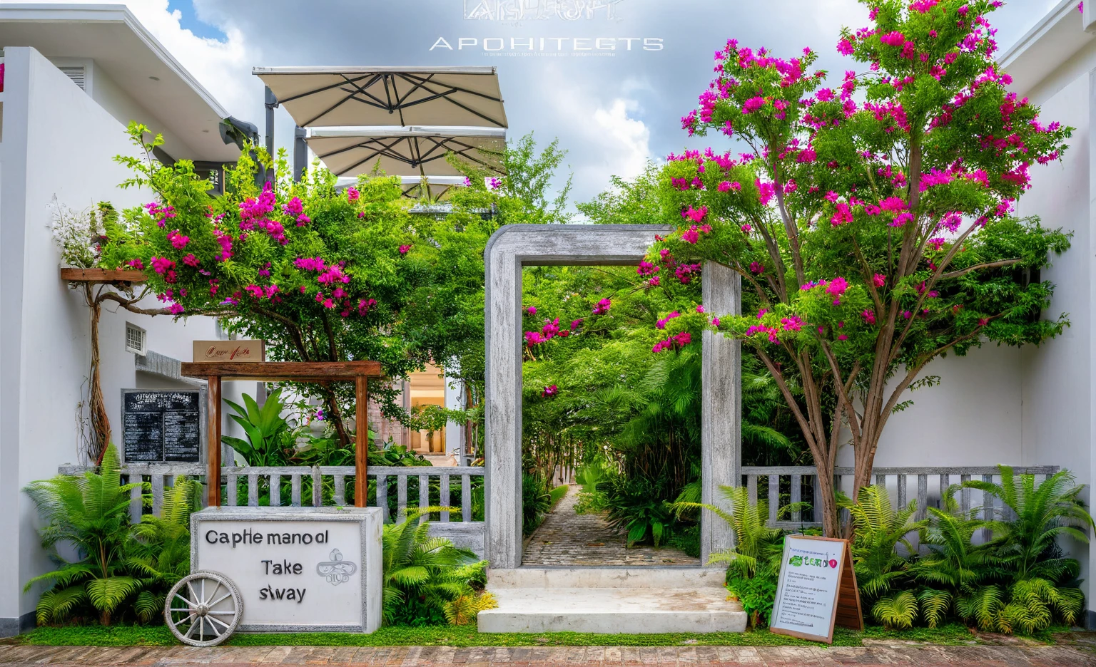 Raw photo,Masterpiece, high quality, best quality, authentic, super detail, exterior, outdoors, house style indochine, Many bougainvilleas along the road ,aiaigroup road,pavement, grass, trees, sky, cloud, (day:1.1), vivid colour