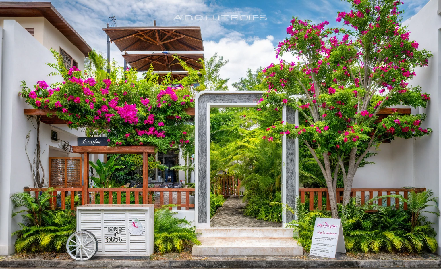 Raw photo,Masterpiece, high quality, best quality, authentic, super detail, exterior, outdoors, house style indochine, Many bougainvilleas along the road ,aiaigroup road,pavement, grass, trees, sky, cloud, (day:1.1), vivid colour