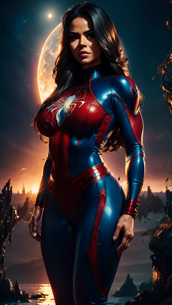 Adult Latina model Daisy Marie, topless, Sexy female dressed as Spider-Man, sexy with enormous tits, gorgeous face, beautiful, hourglass figure, highly detailed, masterpiece, 96k rendering, full moon in background, stars in sky, city lights, New York, nighttime, spider web, exsquisite MCU cinematic lighting, accurate real life face, perfect facial features, super long flowing brunette hair